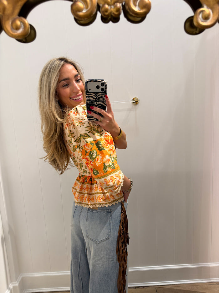 LBK ORANGE FLORAL PEPLUM BUTTON TOP
