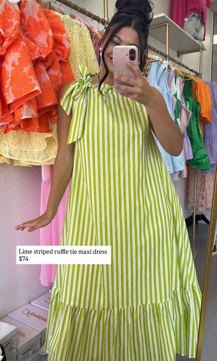 LIME STRIPED RUFFLE TIE MAXI DRESS