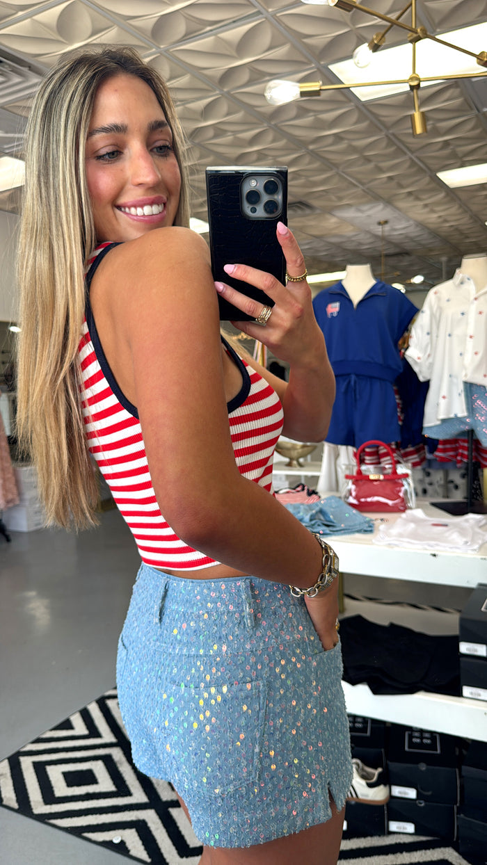 MICRO SEQUIN DENIM SHORTS