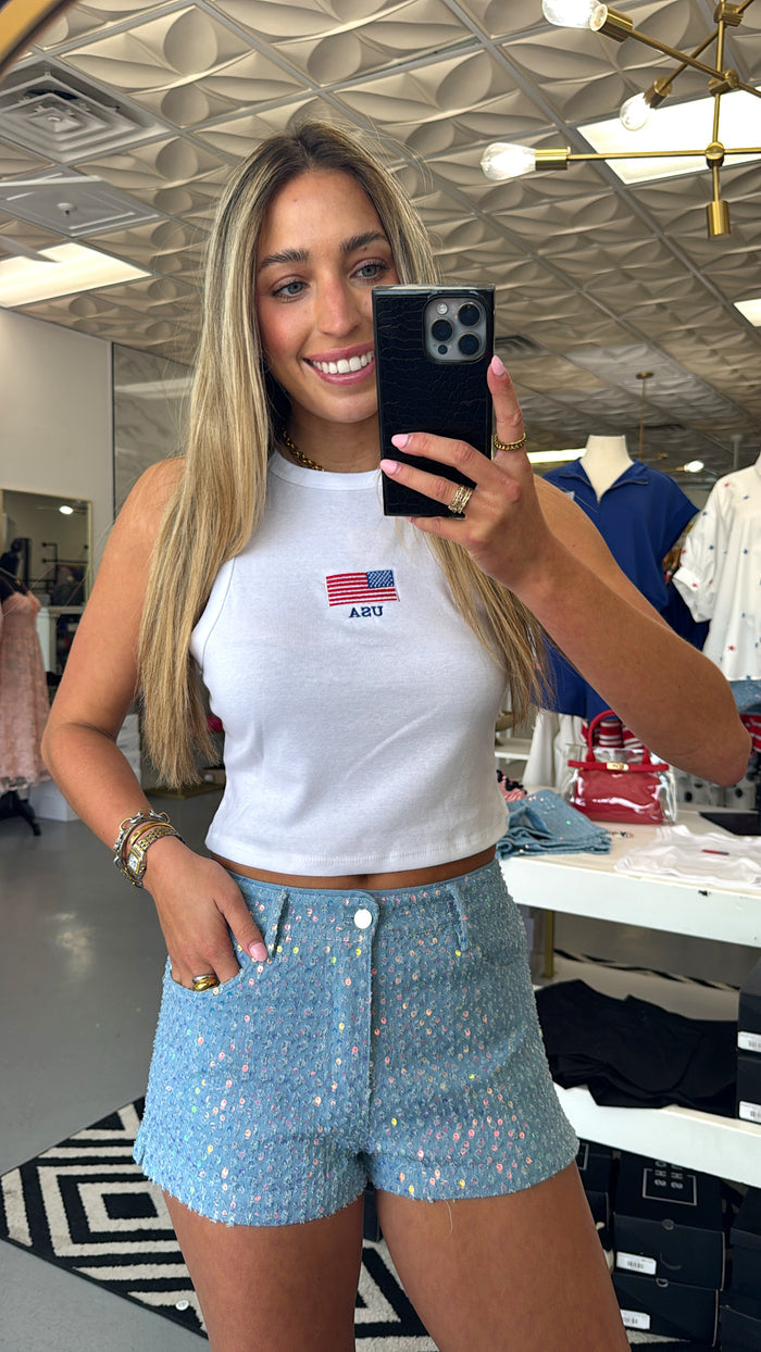 MICRO SEQUIN DENIM SHORTS