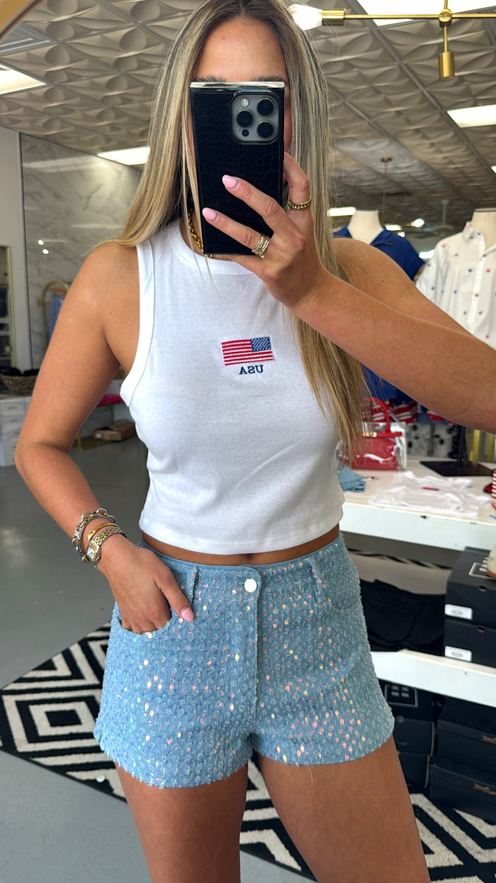MICRO SEQUIN DENIM SHORTS