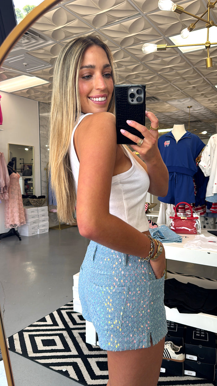 MICRO SEQUIN DENIM SHORTS