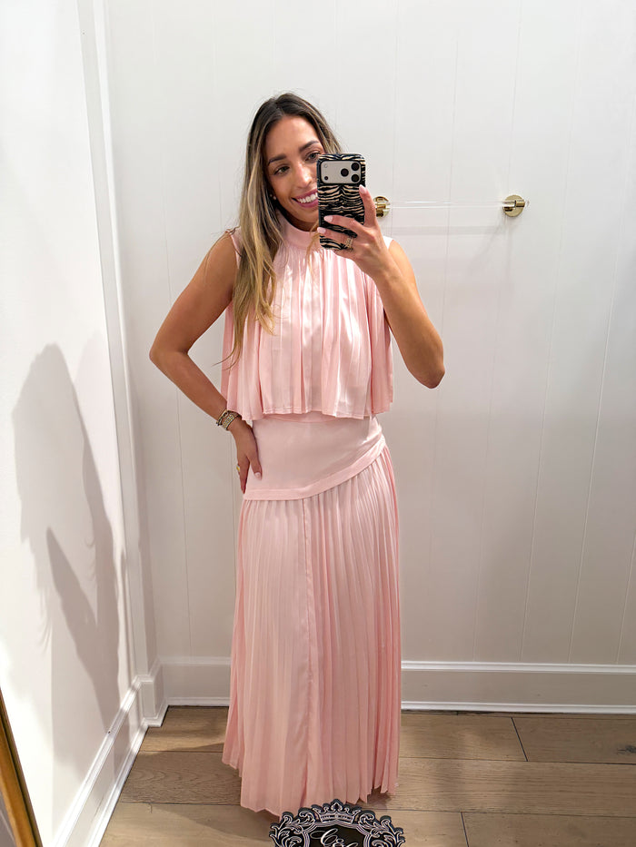 PINK ASYMMETRICAL PLEATED MAXI SET
