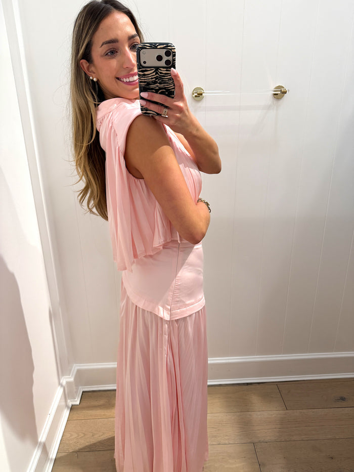PINK ASYMMETRICAL PLEATED MAXI SET