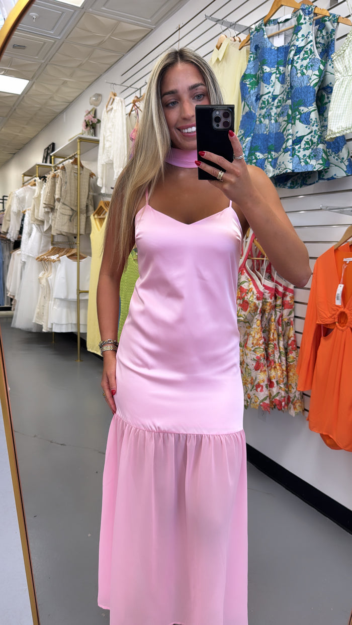 PINK SATIN CHIFFON SCARF MAXI DRESS
