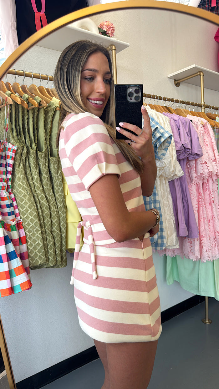 Pink Stripe Button Puff Sleeve Set