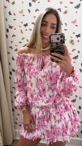 PINK & WHITE FLORAL OFF SHOULDER DRESS