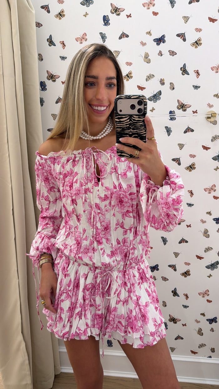 PINK & WHITE FLORAL OFF SHOULDER DRESS