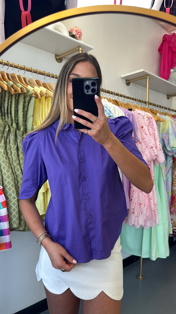 PURPLE RUFFLE COLLARED PUFF SLEEVE TOP