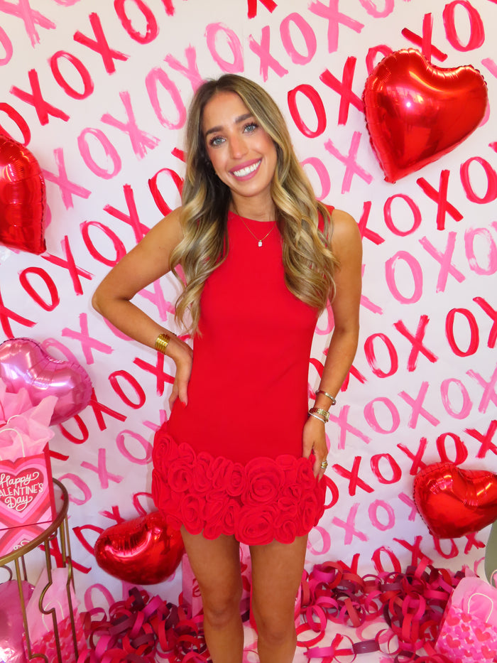 Red 3D Rosette Hem Dress