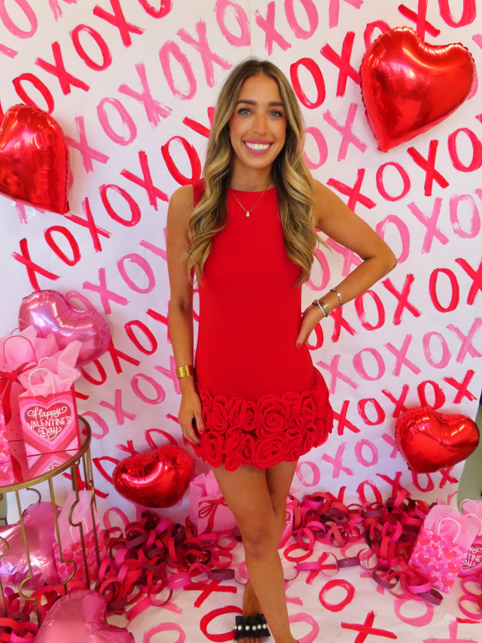 Red 3D Rosette Hem Dress