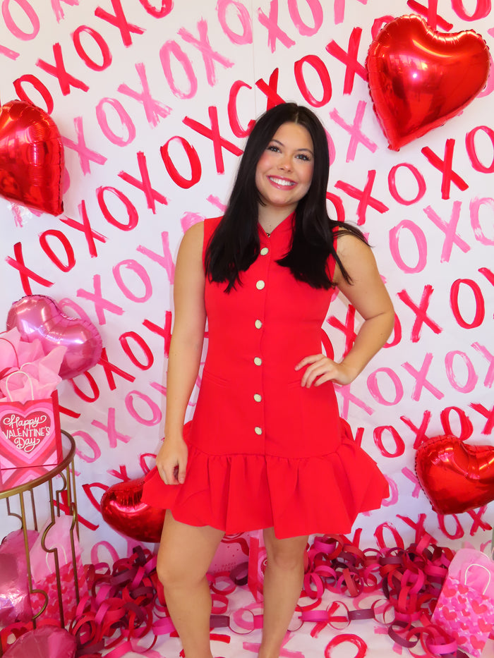 RED BUBBLE HEM BUTTONED MINI DRESS