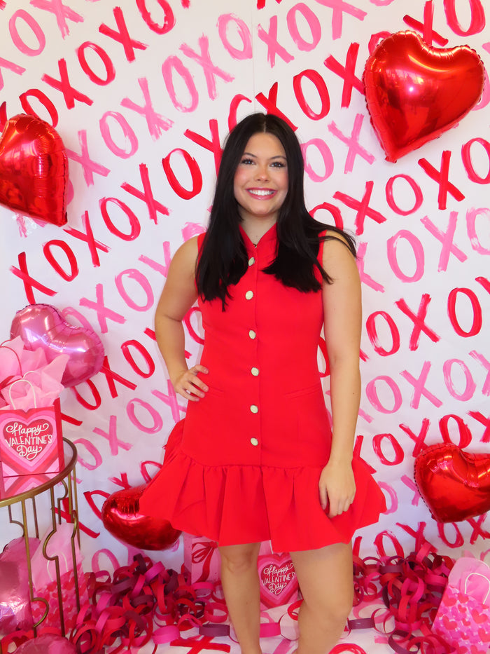 RED BUBBLE HEM BUTTONED MINI DRESS