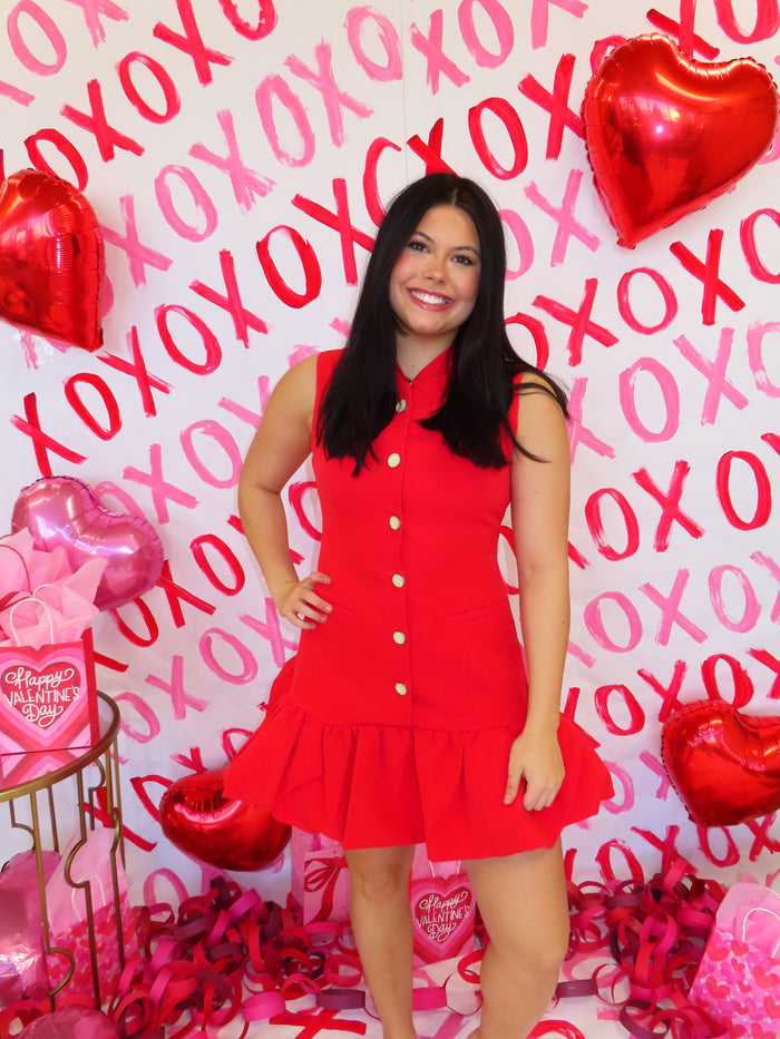RED BUBBLE HEM BUTTONED MINI DRESS