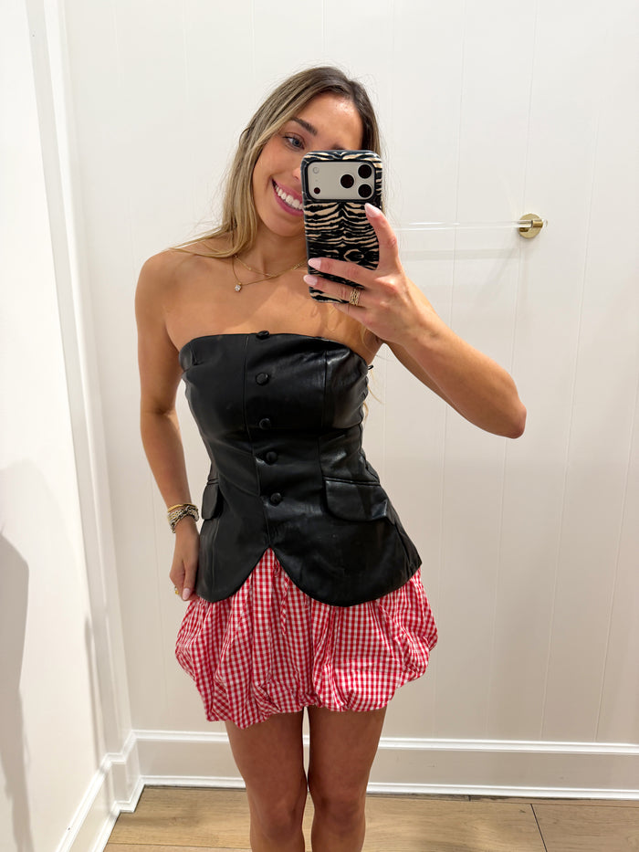 RED GINGHAM BUBBLE MINI SKIRT