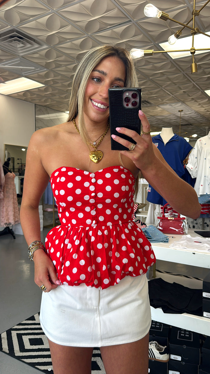 RED POLKA DOT STRAPLESS TOP