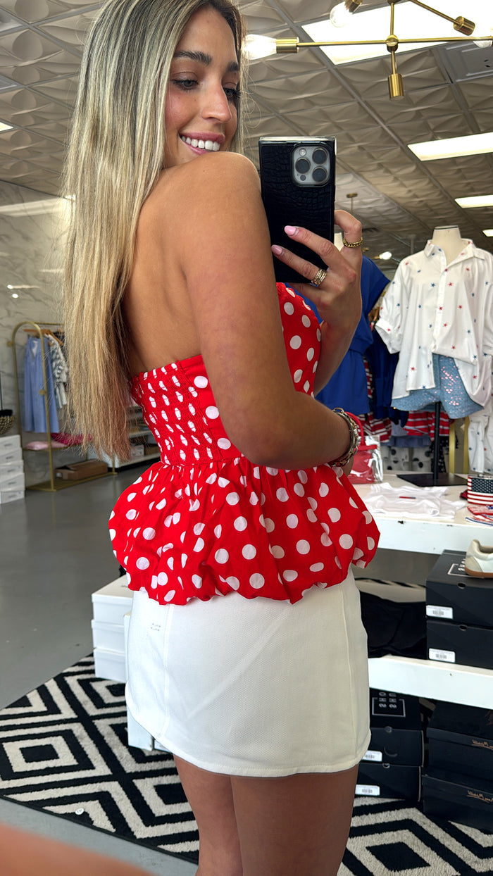 RED POLKA DOT STRAPLESS TOP