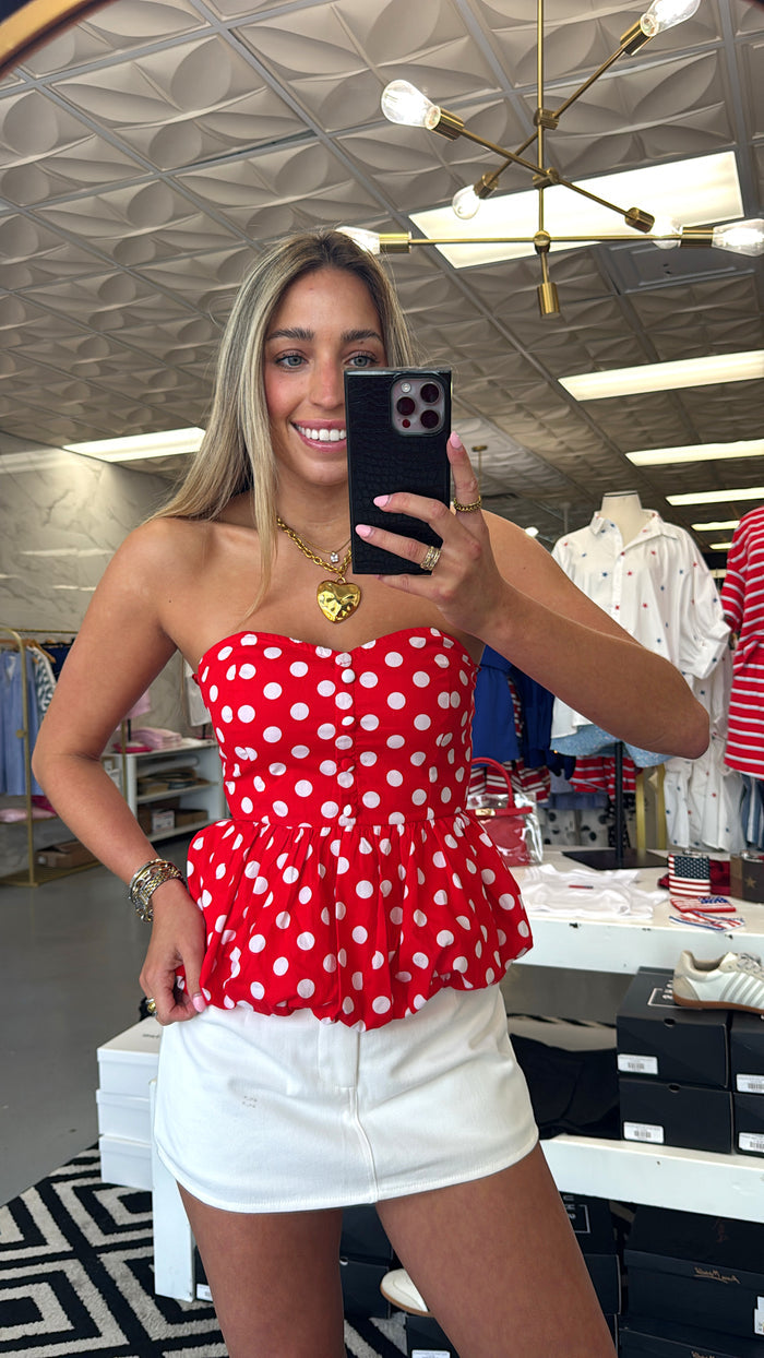 RED POLKA DOT STRAPLESS TOP