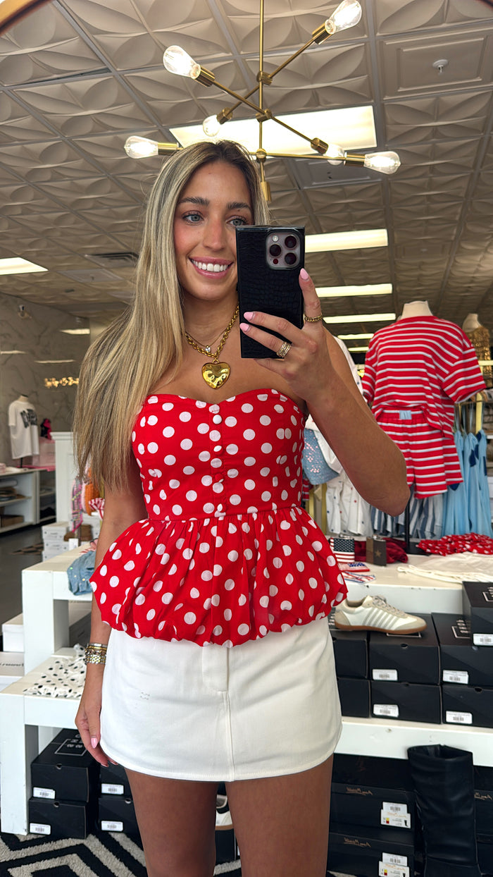 RED POLKA DOT STRAPLESS TOP