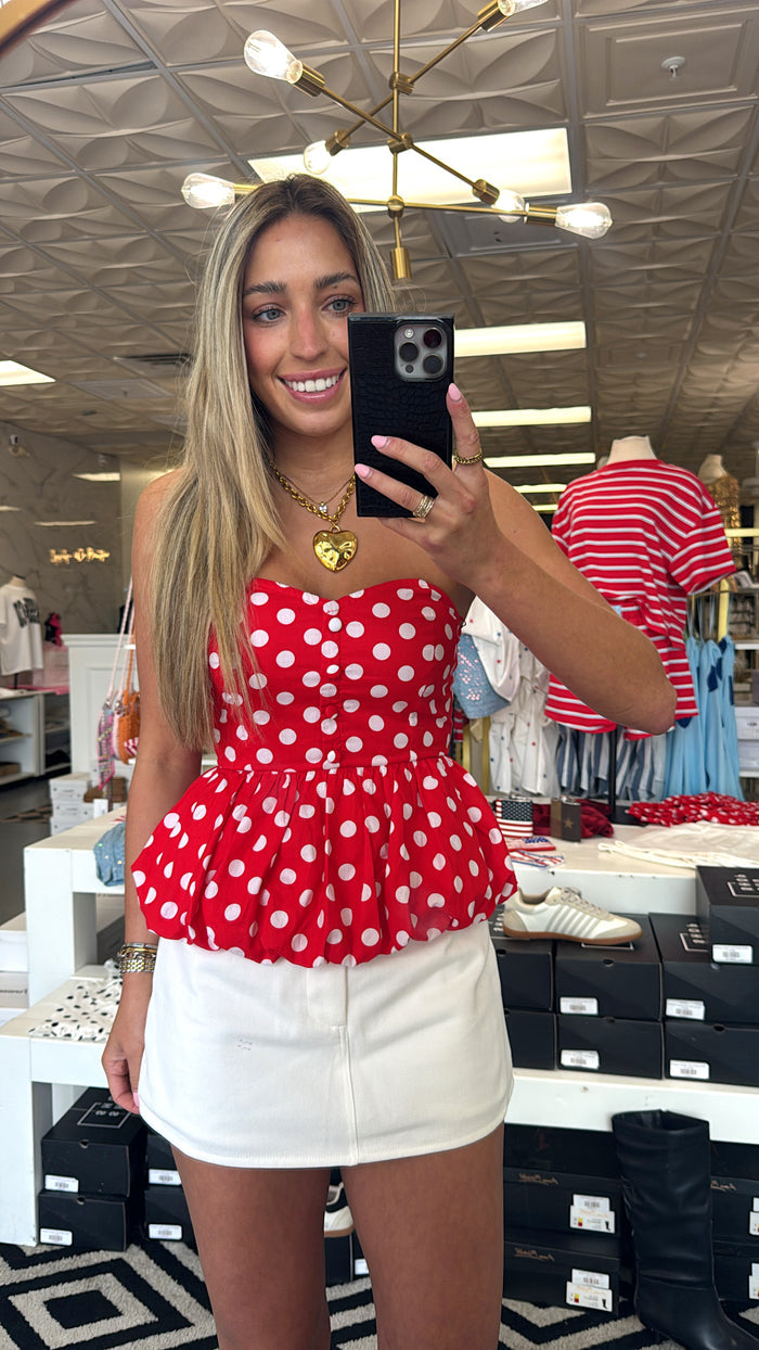 RED POLKA DOT STRAPLESS TOP