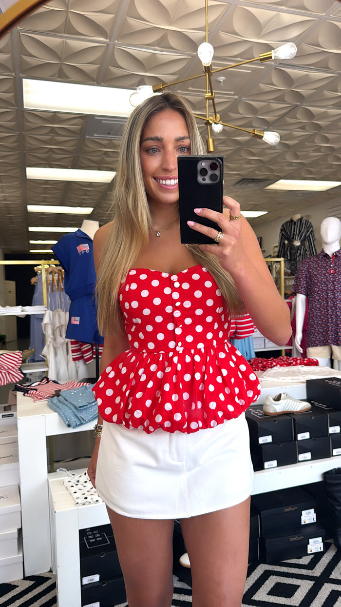RED POLKA DOT STRAPLESS TOP