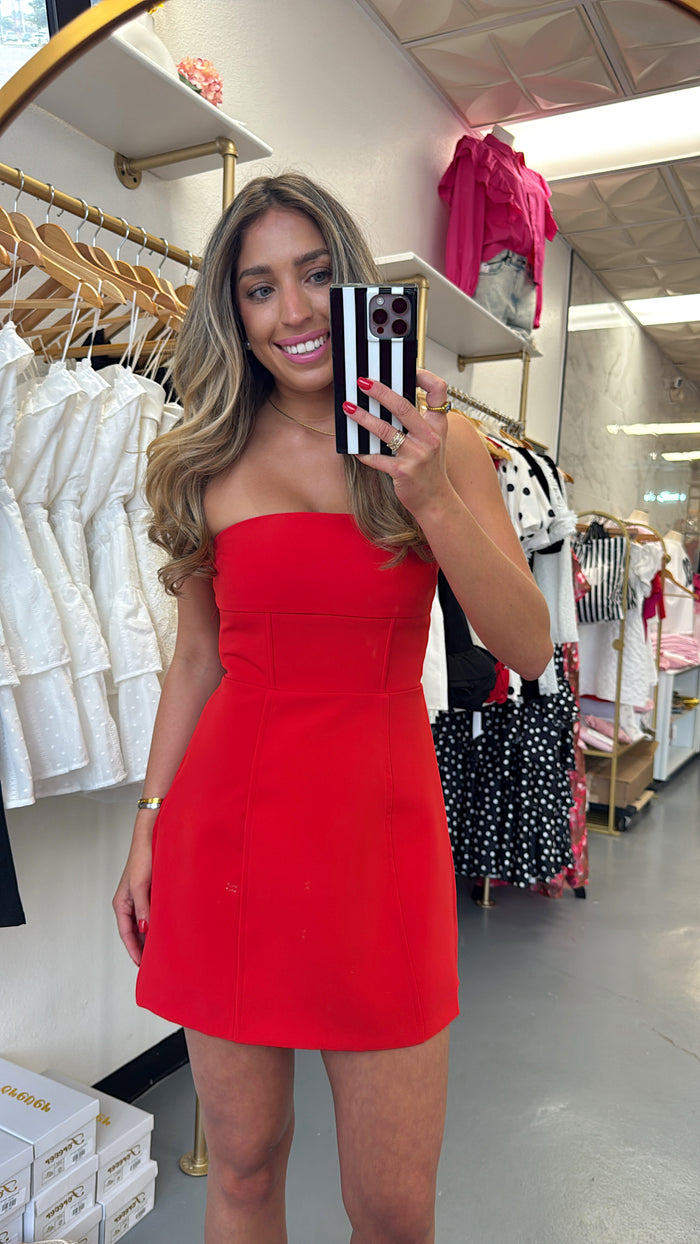 RED STRAPLESS BOW FLARE MINI DRESS