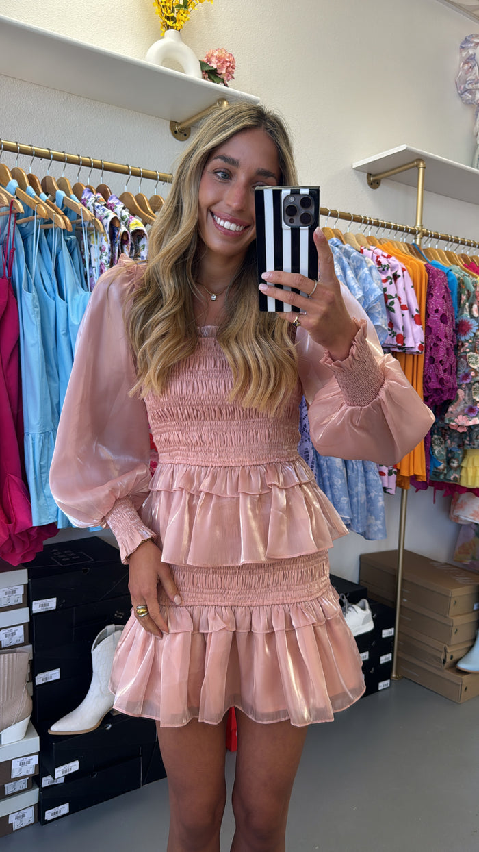 ROSE SHEEN SMOCKED LONG SLEEVE MINI DRESS
