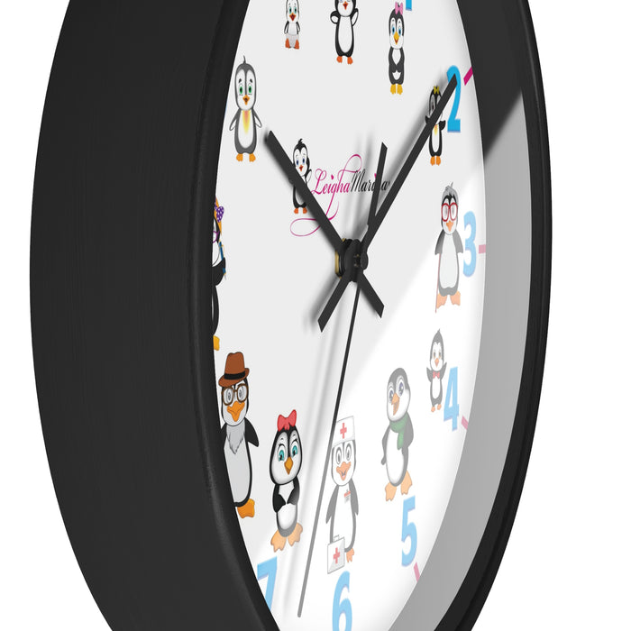 Round Wall Clock 10-Inch (25.4 cm) 12 Cartoon Penguins Wall Clock by Leigha Marina