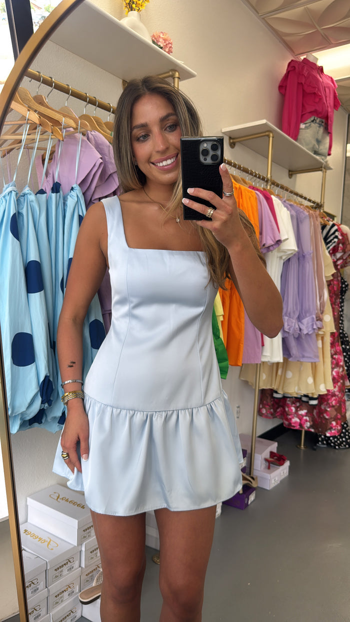 Sky Blue Satin Waist Line Dress