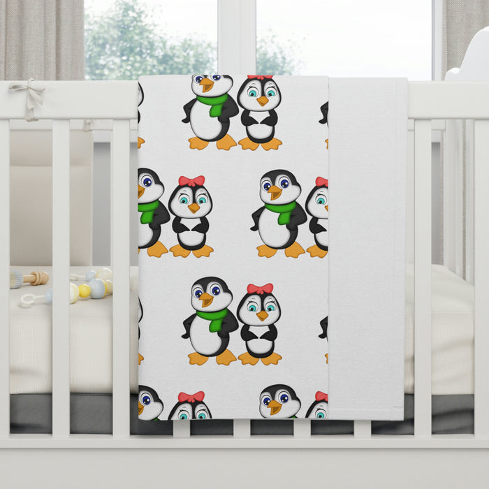 Soft Fleece Baby Blanket White - Mommy & Daddy Penguins
