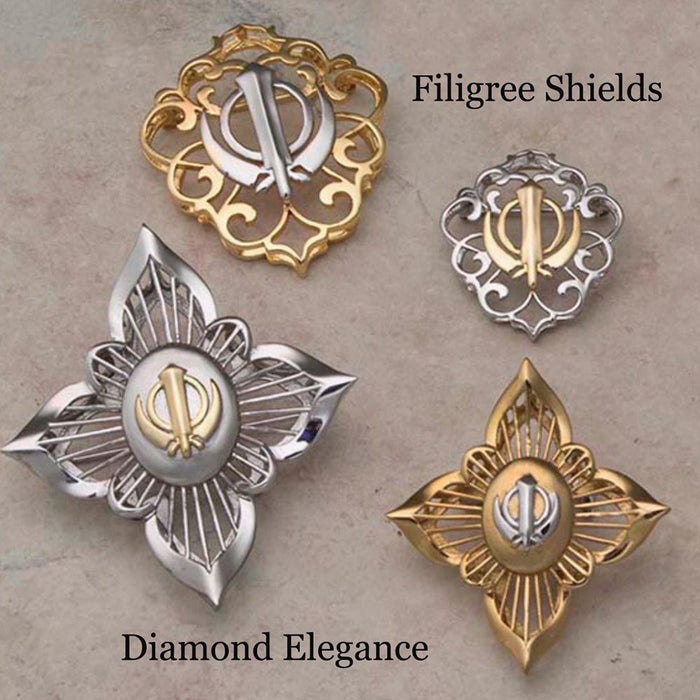 Stainless Steel Filigree Khanda Shields and Diamond Elegance Khanda Pin Pendants