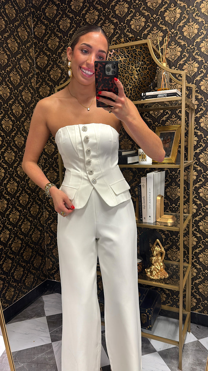 White Embellished Button Jumpsuit