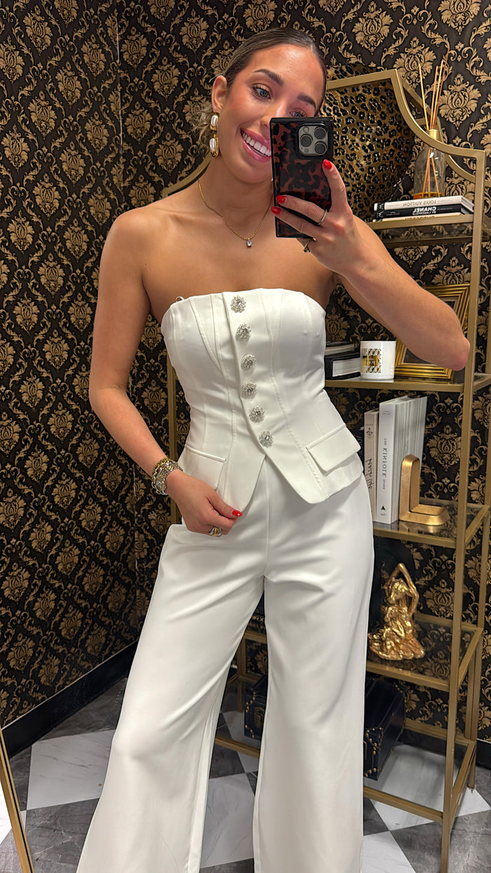 White Embellished Button Jumpsuit