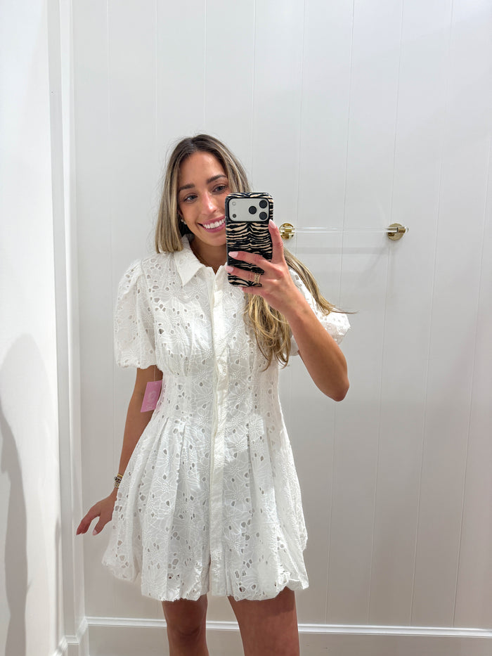 WHITE EYELET COLLARED BUTTON DRESS