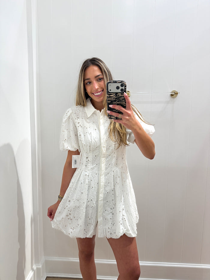 WHITE EYELET COLLARED BUTTON DRESS