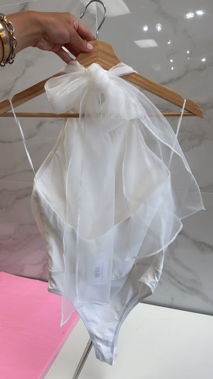 WHITE HIGH NECK IRIDESCENT BODYSUIT