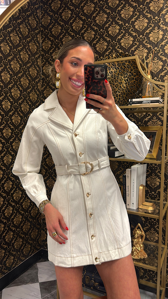 White Stitched Detail Belted dress