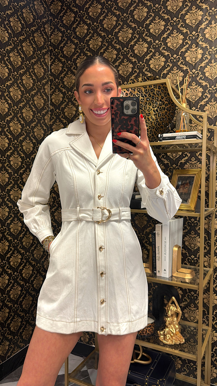 White Stitched Detail Belted dress