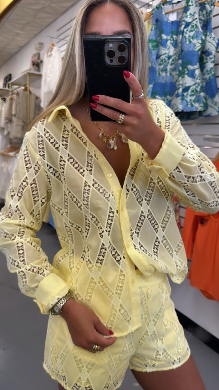 Yellow Embroidered Button Down Set