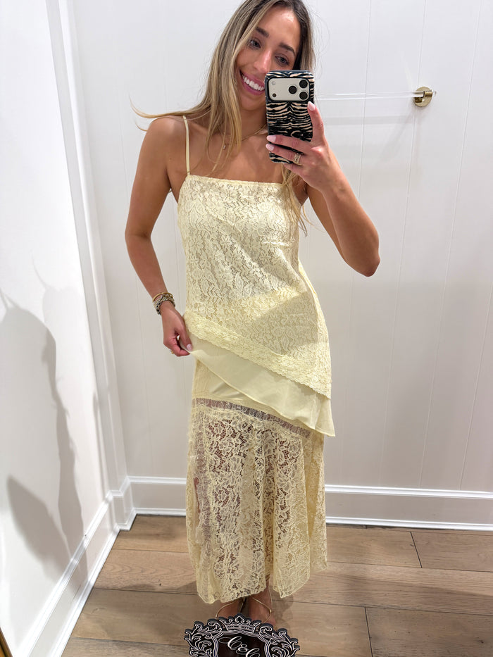YELLOW LACE TANK AND MIDI SKIRT SET