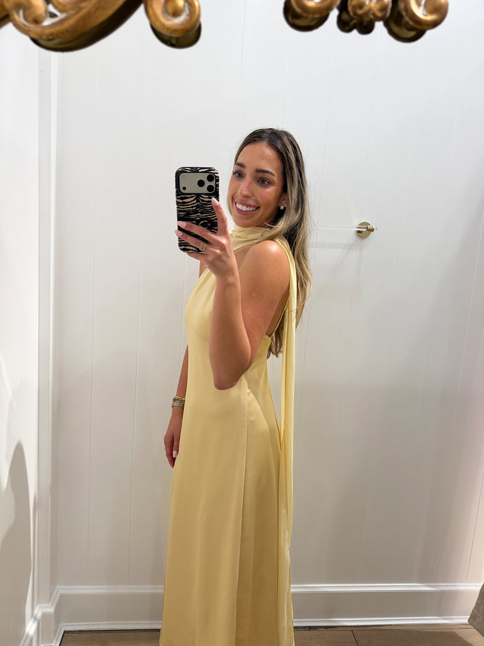 YELLOW SCARF ONE SHOULDER SATIN MAXI DRESS