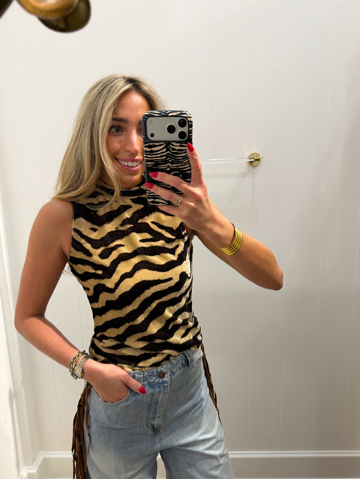 ZEBRA TAUPE MOCK NECK TOP